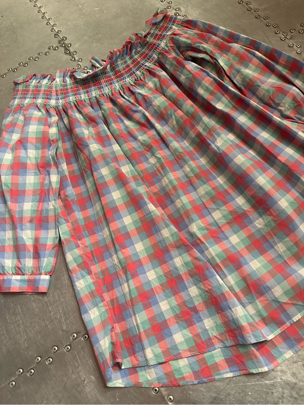 Kate Spade 100% Cotton pink green blue white summer gingham blouse off shoulder
